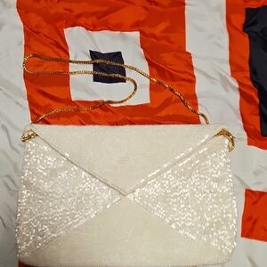 Chic Cream Beaded Clutch with Gold Chain